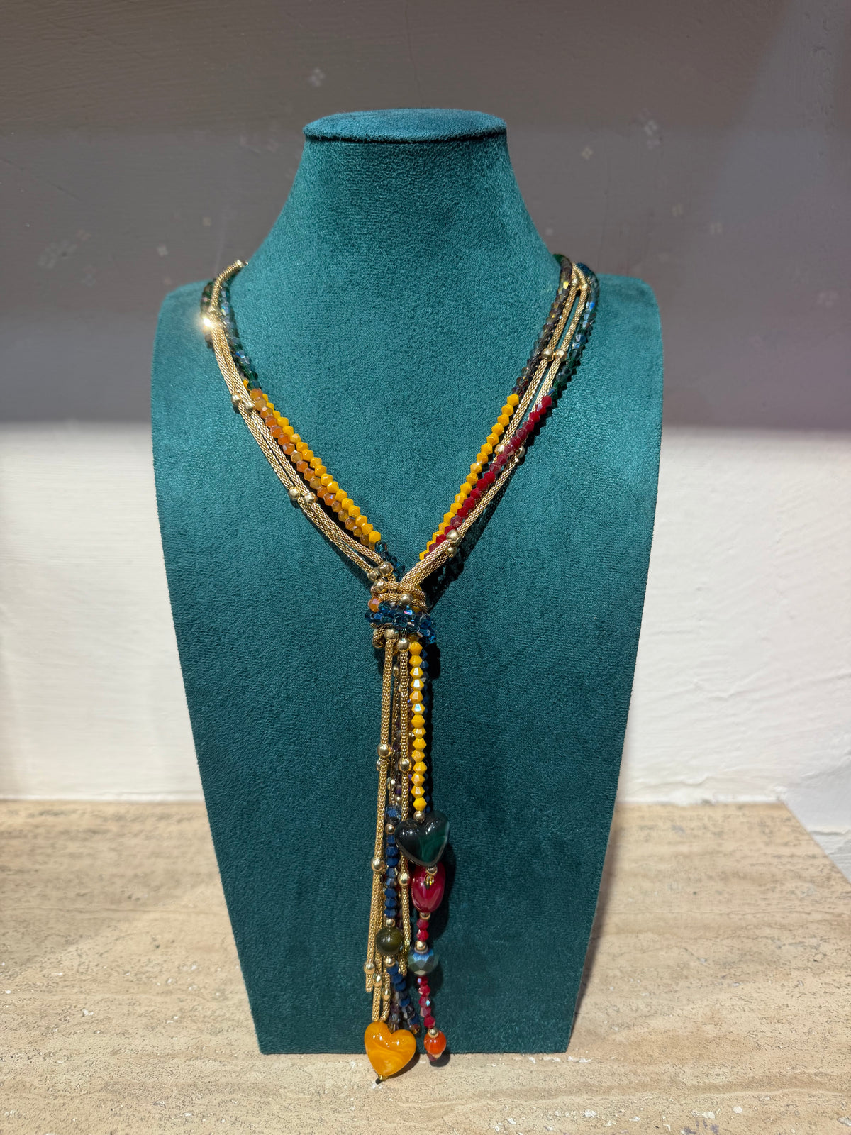 Collana Lunga Cravattino "Mosaico" Multicolore con Cristalli e Nappa di Pendenti