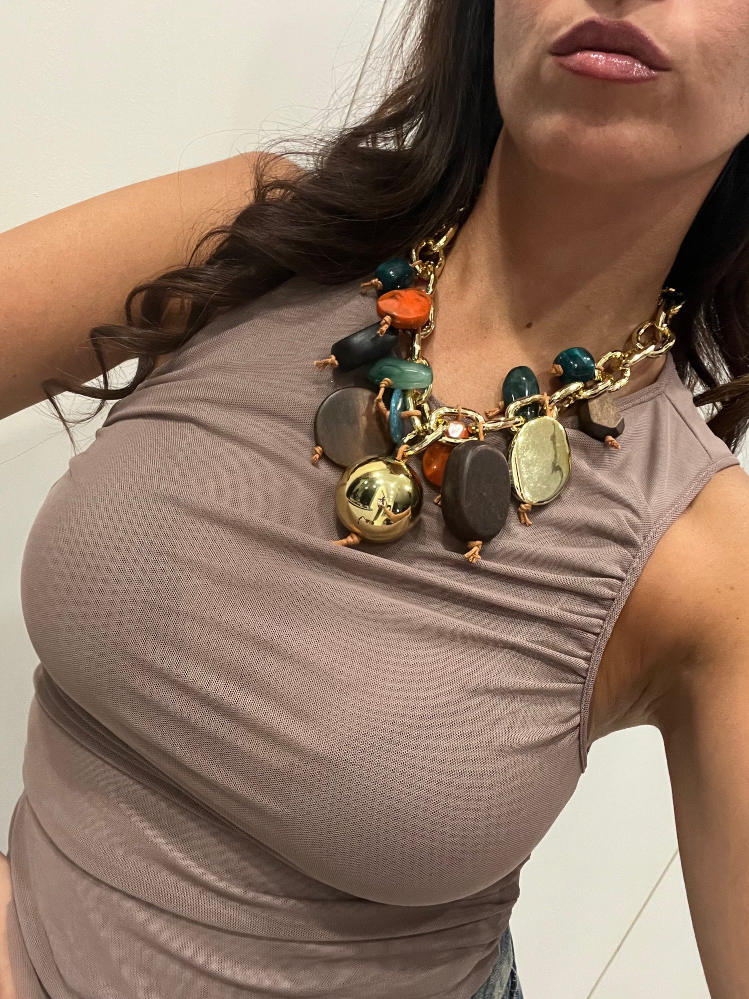 Collana Charm Legno Verde Arancio Oro
